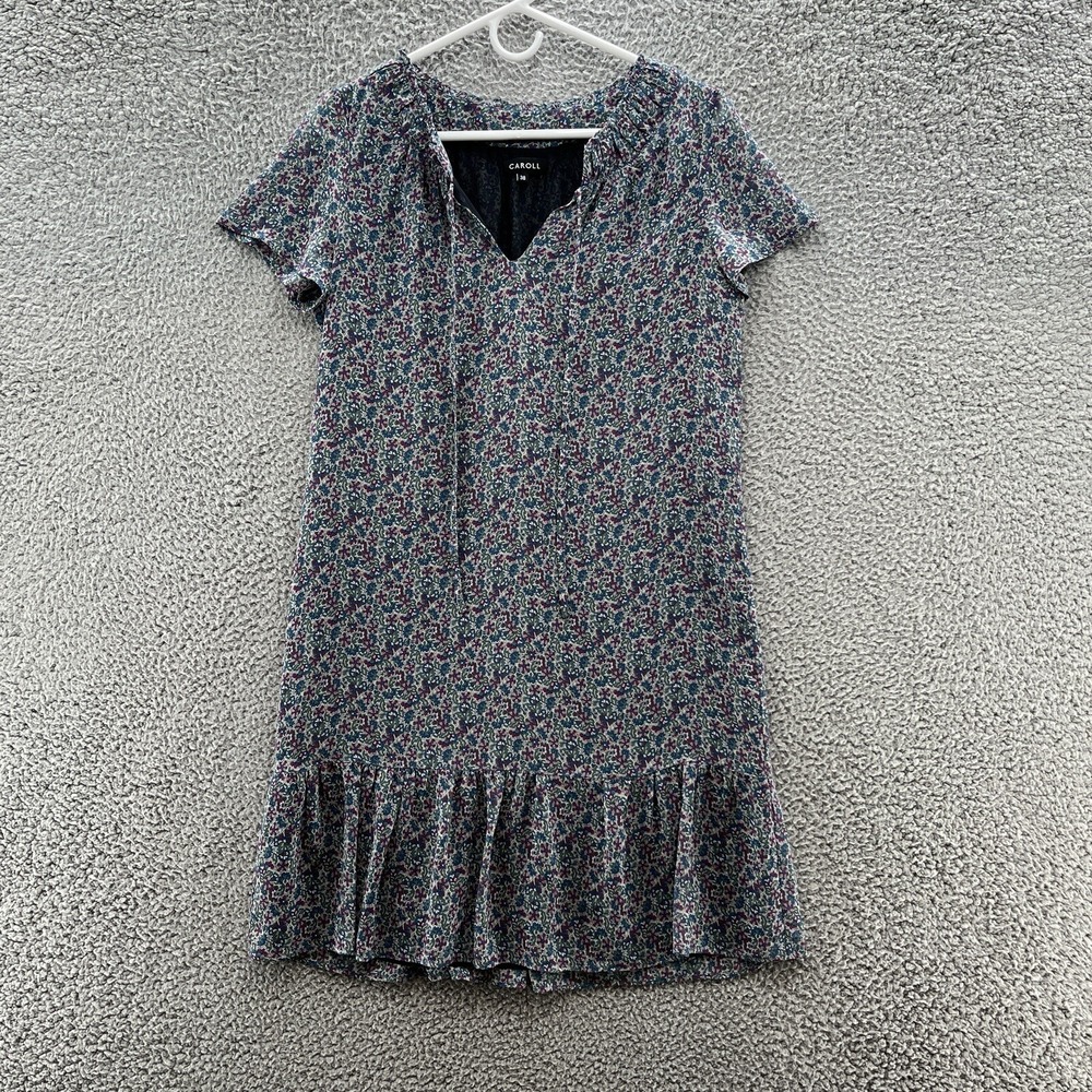 Caroll Paris Dress Womens 6 Blue Floral Chiffon Ruffle Hem Mini Shift